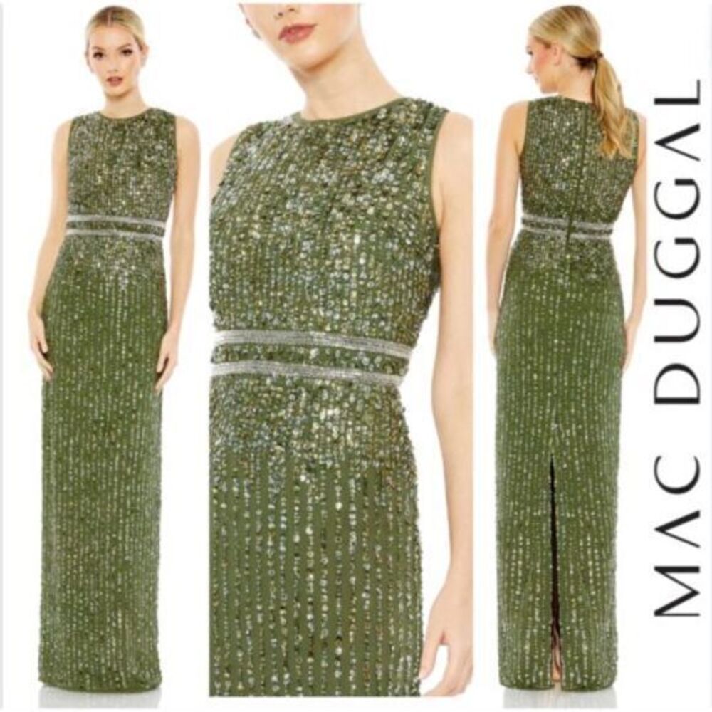 Mac Duggal 93603 Sequined High Neck Sleeveless Column‎ Gown Olive Green Size 4